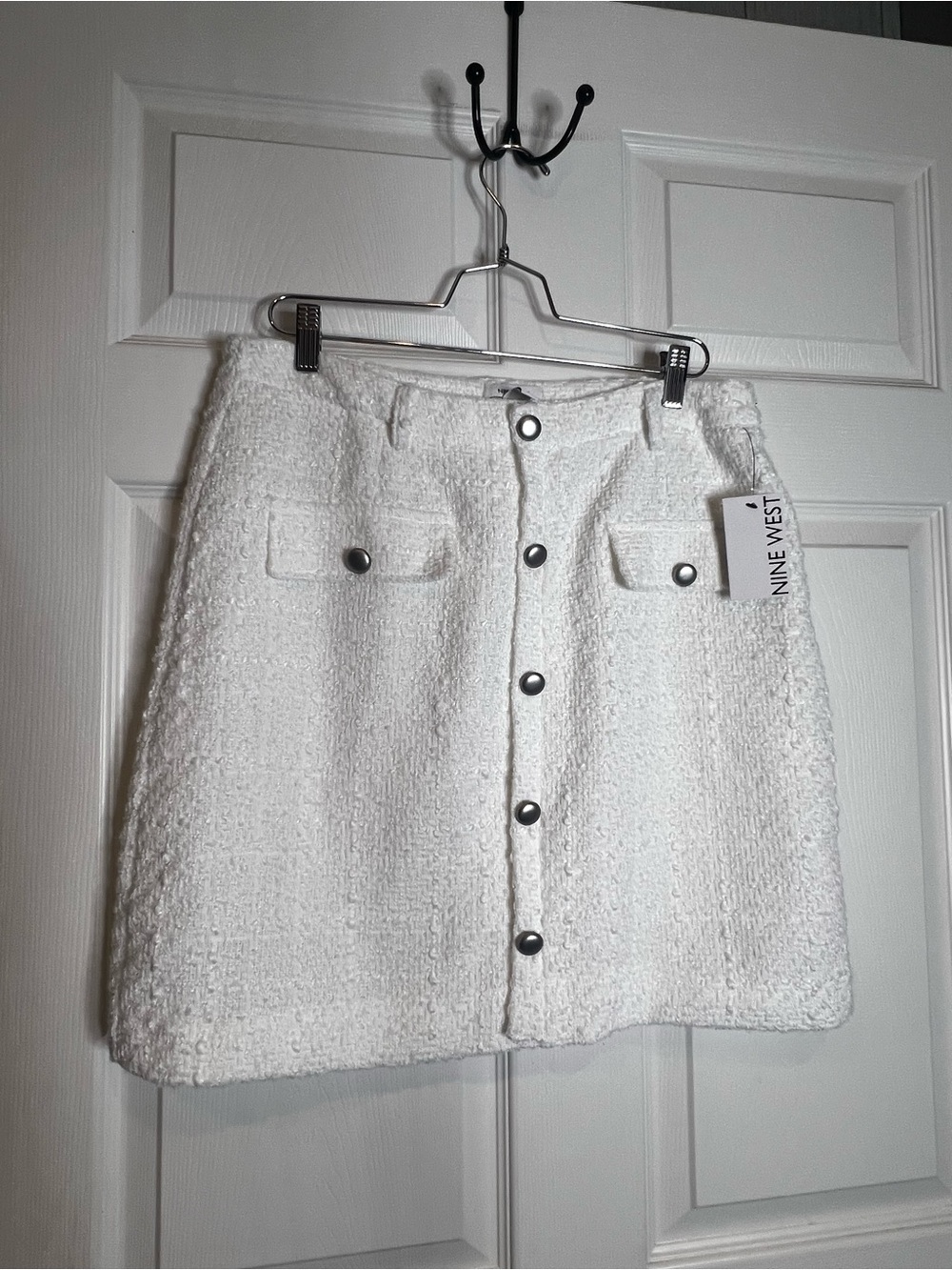 Nine West White Button-Front Bouclé Mini Skirt